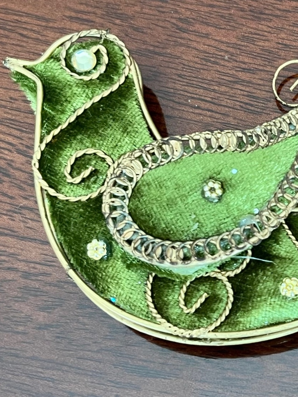 Green Velvet Peacock Bird Ornament with Gold Wire & Rhinestones
